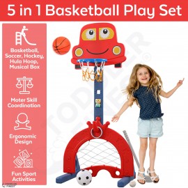 5-in-1 Basketball Stand Sport Toy Set - Basketball Hoop Soccer Goal Hockey Hula Hoop Musical Box - Indoor Outdoor Gift