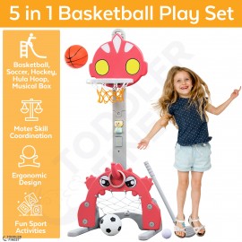 5-in-1 Basketball Stand Sport Toy Set - Basketball Hoop Soccer Goal Hockey Hula Hoop Musical Box - Indoor Outdoor Gift