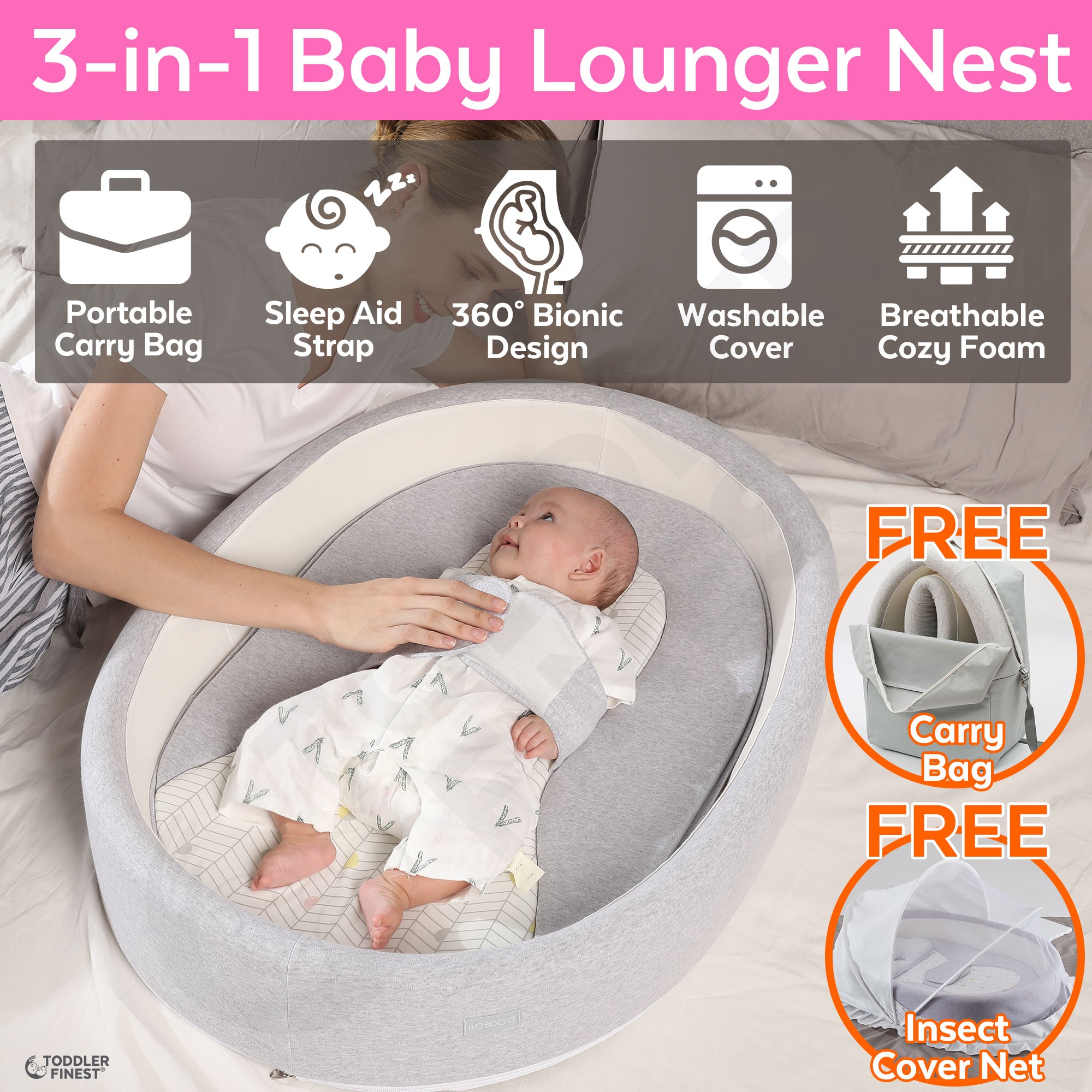 VOLBABY Baby Lounger Nest,Portable Crib and Bassinet Perfect for Co Sleeping,Super Soft and Breathable Newborn Lounger Cushion Suitable from 0-36 Months Detachable & Machine Washable 