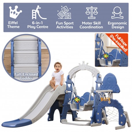 5-in-1 Slide Swing for Kids Toddlers - Sport Center Playset - Play Slide, Swing, Climber, Basketball Hoop, Musical Box