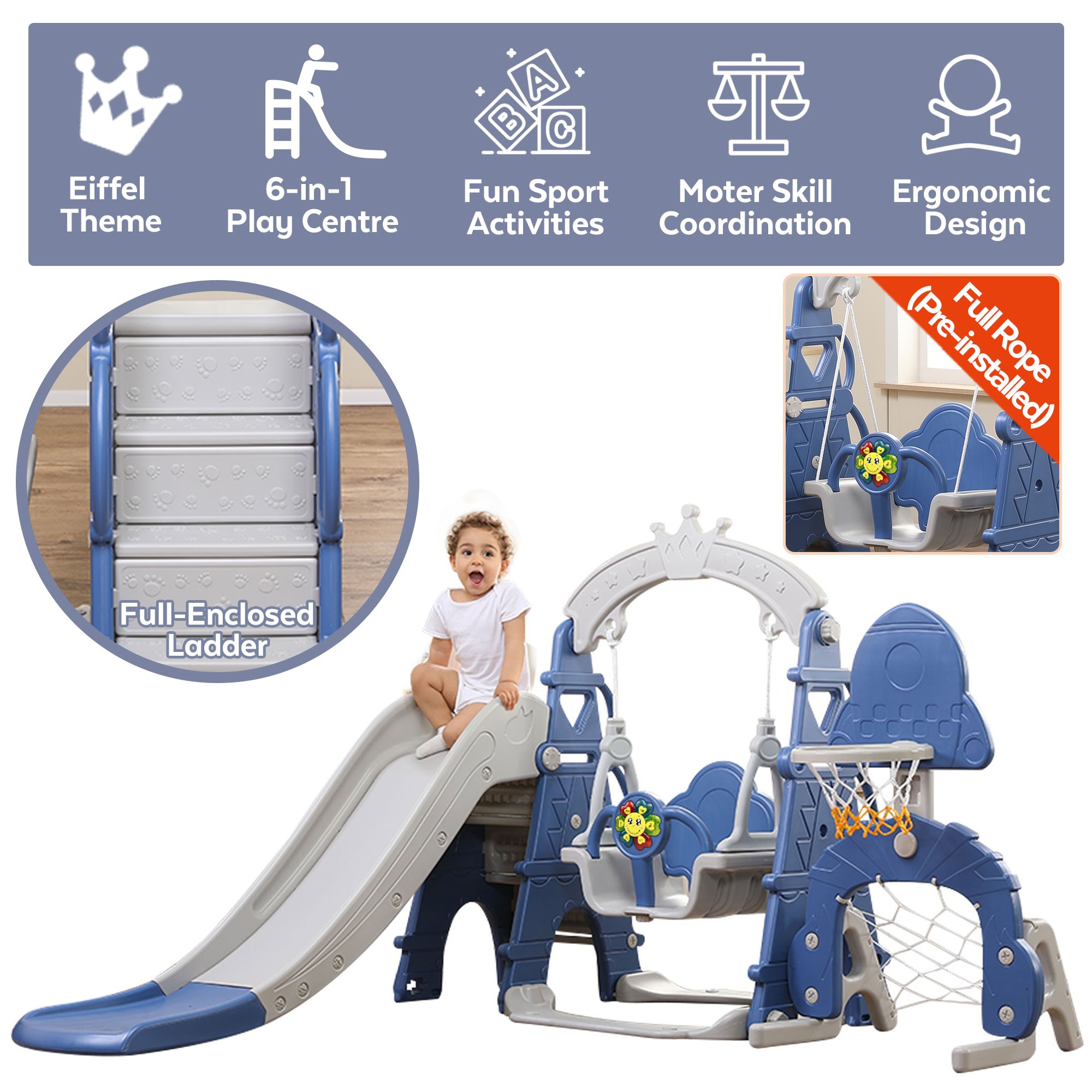 Children Swing and Slide Set w/ Basketball Hoop & Music Player Kids Fun Climber Slider Set for Indoor and Outdoors Playground Play Set Extra Long Slide Castle, Blue 