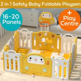 2 in 1 Baby Foldable Playpen Kids Activity Centre - Home Safety Fence Play Yard - Basketball Hula Hoop Playfence Indoor Outdoor Playard