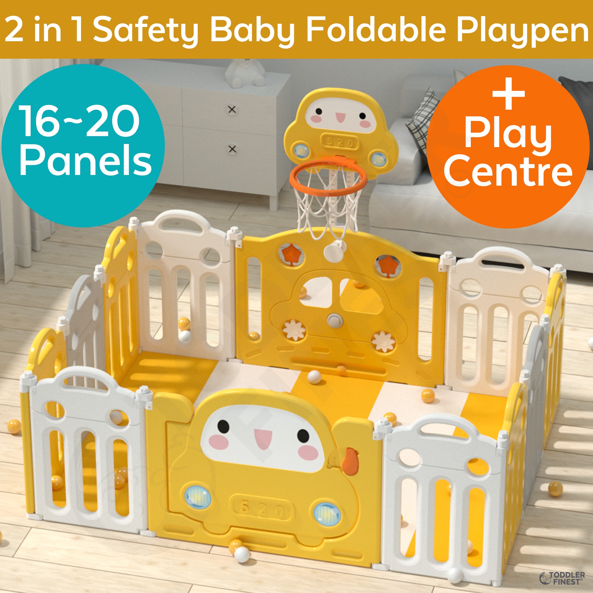 GAKINUNE Foldable Baby Playpen 10 Panel Kids Fence Safety Activity Center Area Non-Slip Rubber Bases Design for Toddler Infant Boy Girl Indoor Outdoor Use with Locking Gate Adjustable Basketball Hoop 
