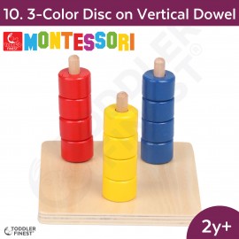 3-Color Disc On V. Dowel - Montessori Kids Early Learning Toy - Shape Size Color Pattern Sorting Puzzle - Baby Toddler Preschool