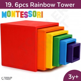 6pcs Rainbow Tower- Montessori Kids Early Learning Toy - Shape Size Color Pattern Sorting Puzzle - Baby Toddler Preschool