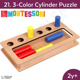 3-Color Cylinder Puzzle - Montessori Kids Early Learning Toy - Shape Size Color Pattern Sorting Puzzle - Baby Toddler Preschool