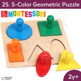 5-Color Geo. Puzzle - Montessori Kids Early Learning Toy - Shape Size Color Pattern Sorting Puzzle - Baby Toddler Preschool