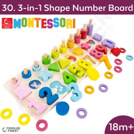 3-in-1 Shape Matching Number Board - Montessori Kids Early Learning Toy - Shape Size Color Pattern Sorting Puzzle - Baby Toddler Preschool