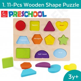11-Pcs Wooden Shape Puzzle - Preschool Kids Early Learning Toy - Wooden Building Block Shape Color Pattern Sorting Puzzle