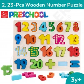 23-Pcs Wooden Number Puzzle - Preschool Kids Early Learning Toy - Wooden Building Block Shape Color Pattern Sorting Puzzle