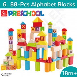 88-Pcs Alphabet and Counting Blocks - Preschool Kids Early Learning Toy - Wooden Building Block Shape Color Pattern Sorting Puzzle