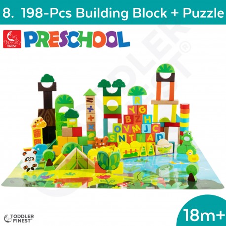 198-Pcs Wooden Building Block Puzzle - Preschool Kids Early Learning Toy - Wooden Building Block Shape Color Pattern Sorting Puz