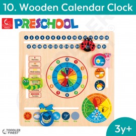 Wooden Calendar Clock - Preschool Kids Early Learning Toy - Wooden Building Block Shape Color Pattern Sorting Puzzle