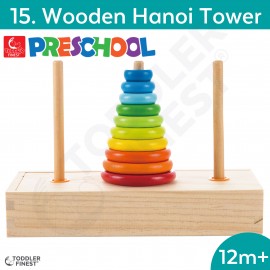 Wooden Hanoi Tower- Preschool Kids Early Learning Toy - Wooden Building Block Shape Color Pattern Sorting Puzzle