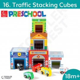 Traffic Stacking Cubes - Preschool Kids Early Learning Toy - Wooden Building Block Shape Color Pattern Sorting Puzzle