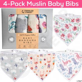 4-Pack Muslin Bandana Baby Bibs - Organic Cotton Drool Bib - Soft 6 Layers absorbent - Boy Girl Infant Toddler Newborn (42*20cm)