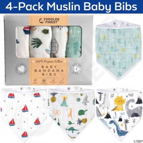 4-Pack Muslin Bandana Baby Bibs - Organic Cotton Drool Bib - Soft 6 Layers absorbent - Boy Girl Infant Toddler Newborn (42*20cm)