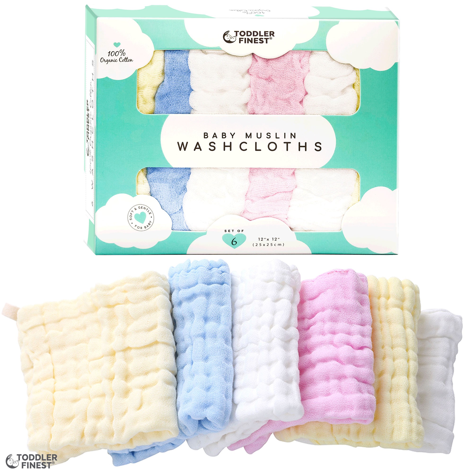 Set of 5 Multicolor Natural Muslin Cotton Extra Soft Wipes-Baby Registry as Shower Gift 11’’x11’’ Newborn Baby Muslin Washcloths Face Towel for Sensitive Skin