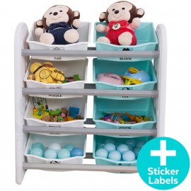 Kids Toy Storage Organizer - Open Display Organizing Cabinet - 4-Tier 8 Basket Drawer Rack - Detachable Multi Bin Shelf