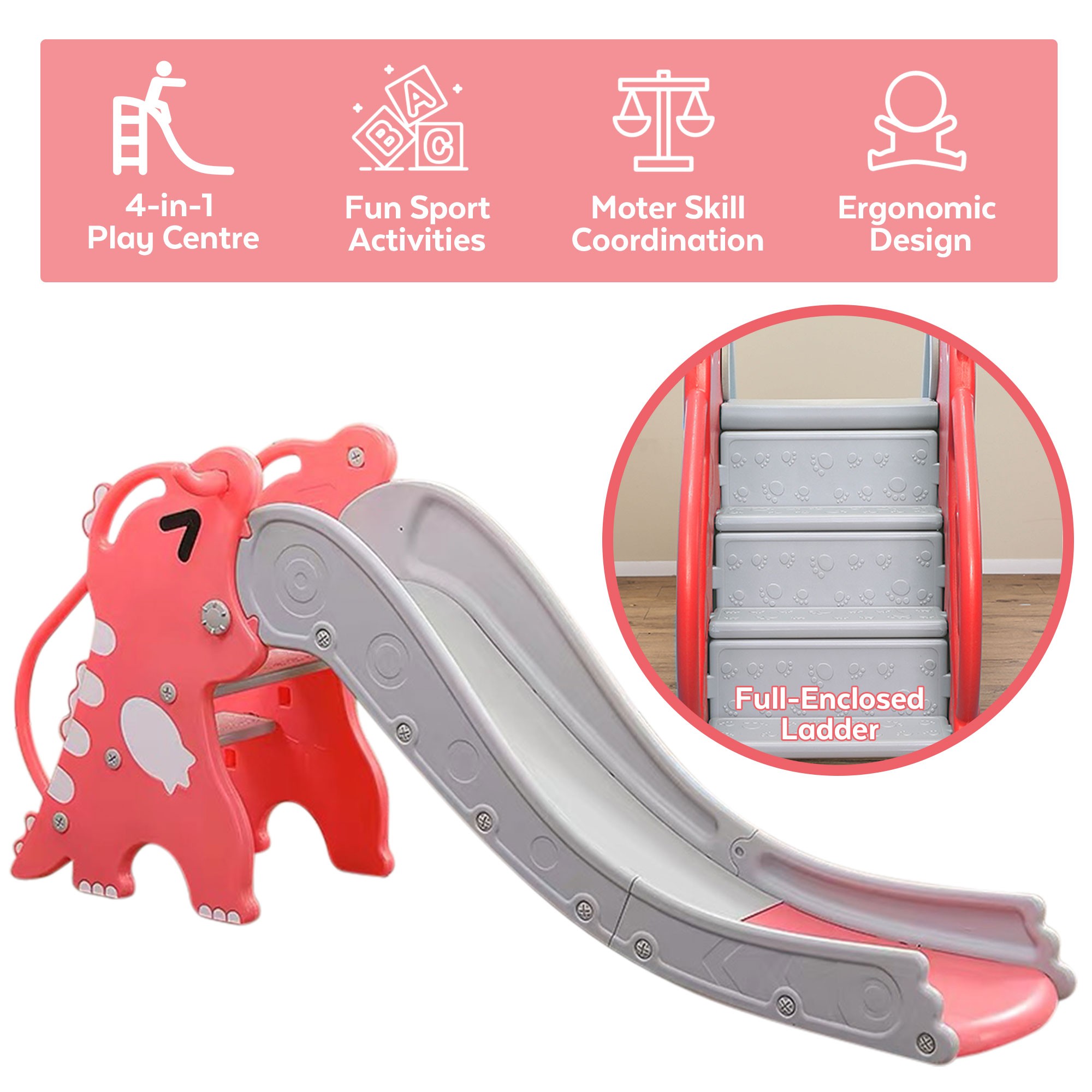 Pink Playground 4in1 Baby Sliding Slide Climber Play Set for Indoor Outdoor Backyard Basketball Hoop Baby‘s First Slide with Rocking Horse Ring Toss Toddler Slide for 1-3 Years Old Boys Girls 